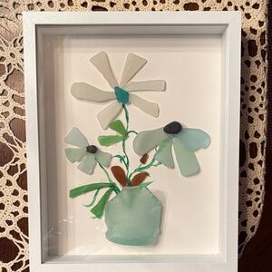 Framed Authentic SEA GLASS Floral Glass Art in White and Green